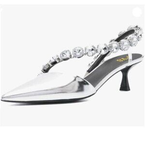 FYS Women Pointed Toe Slip on Sandals Kitten Low Heel Rhinestone Strappy Sliver